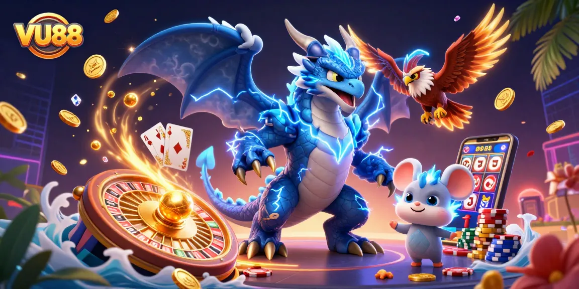 Experience thrilling gaming adventures with VU88's electrifying 3D casino showdown featuring dynamic characters and gaming elements.