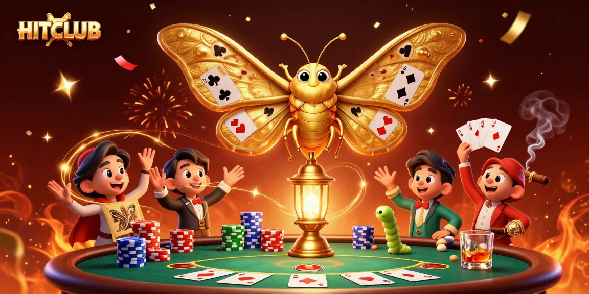 Experience the thrill of HITCLUB with vibrant casino elements and a majestic moth in a dynamic scene.