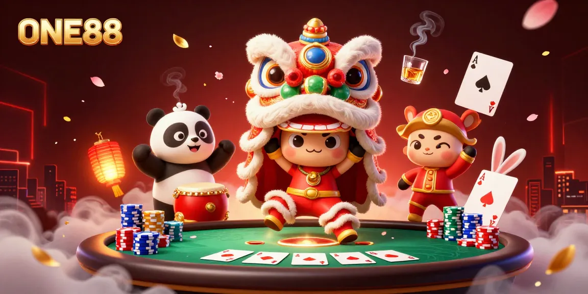 Experience thrilling gaming action at ONE88 with vibrant characters, poker elements, and festive designs.