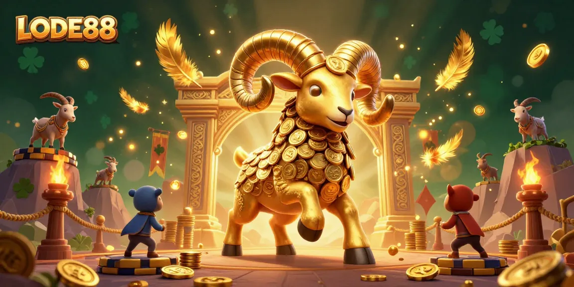 Engage with LODE88's thrilling adventures featuring a golden ram charging to victory amidst a rich casino backdrop.
