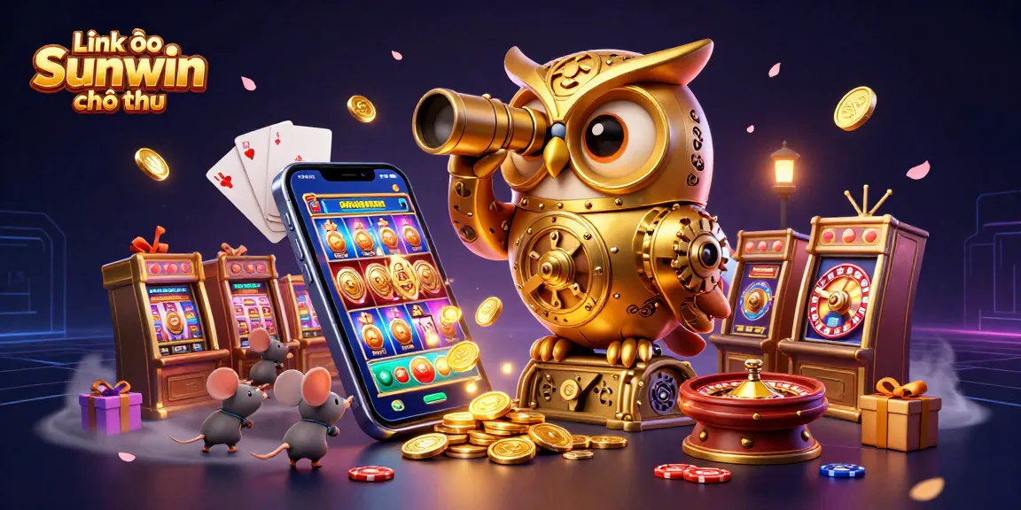 Experience the joy of gaming with Link vào Sunwin chính thức, featuring a golden owl surveying a vibrant casino.