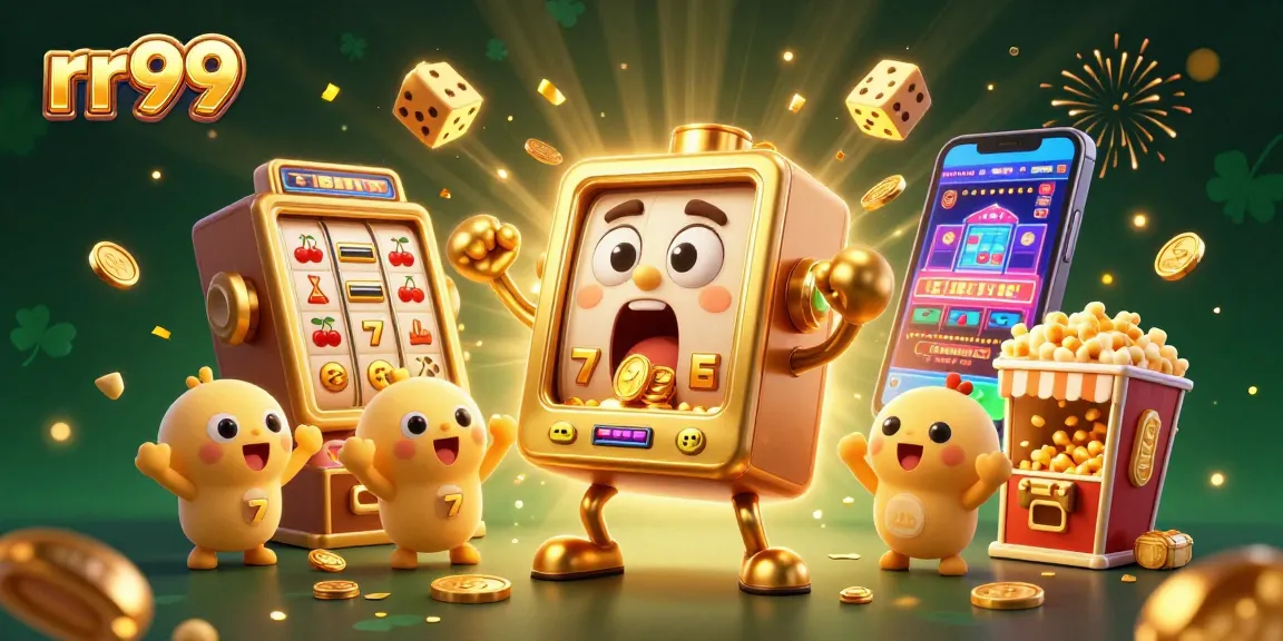 rr99 slot machine hits jackpot, coins flying and celebrating with popcorn machine, in a dazzling casino scene