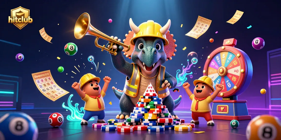 Hitclub's energetic casino scene with cartoon triceratops and lottery elements celebrating wins.