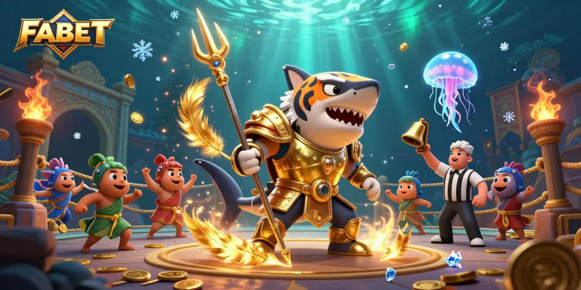 Engage with FABET's thrilling underwater betting arena featuring a fierce shark in gladiator armor.