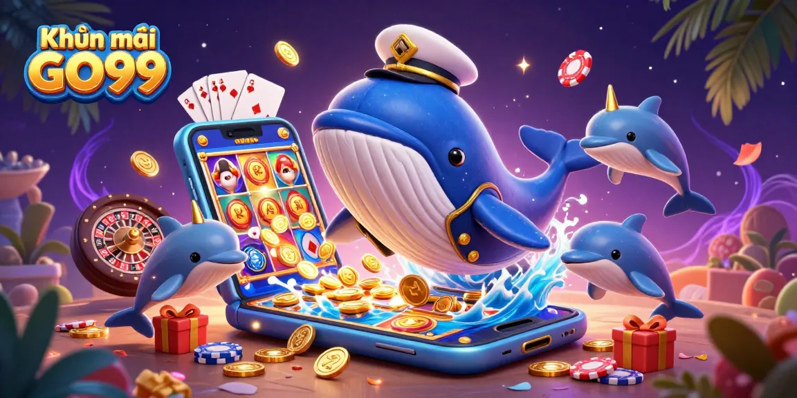 Engage with Khuyến mãi GO99 in an exciting casino scene featuring a whale, narwhal, and dolphins.
