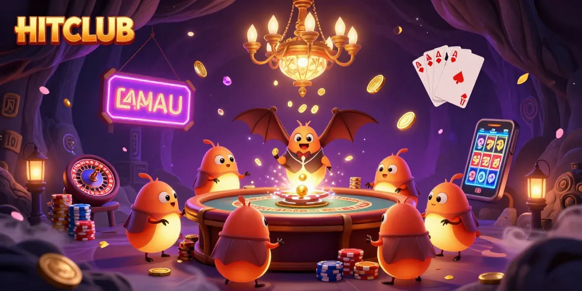 Experience HITCLUB's exciting cave casino with glowing worms, vibrant gaming elements, and a bat dealer.