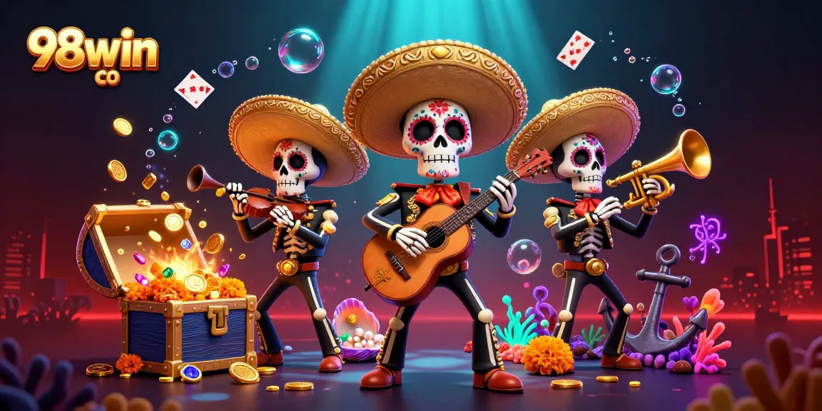 Win big at 98win co with vibrant 3D casino adventures featuring skeleton mariachi band.