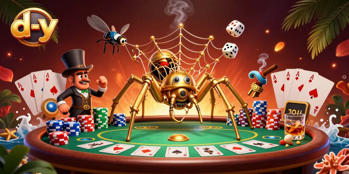 Experience exciting gaming at d-y with a steampunk spider spinning a web of poker winnings.