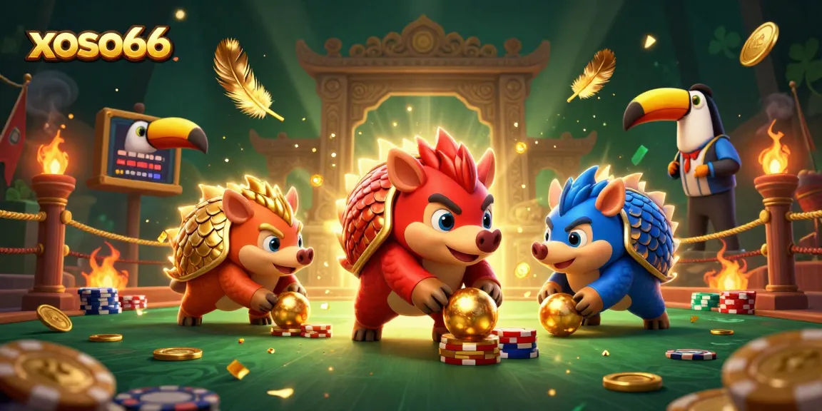 Action-packed scene featuring xoso66 pangolins competing in a dynamic casino showdown with gold coins and poker chips.