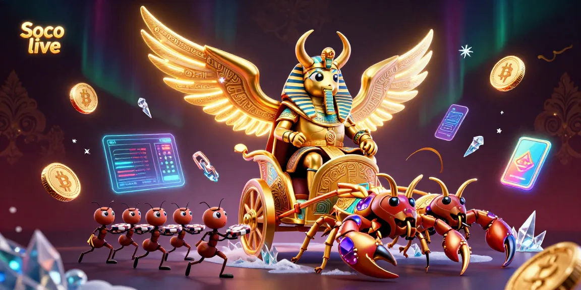 Experience engaging action on Soco live with a vibrant 3D casino scene featuring gold, scorpions, and crypto elements.
