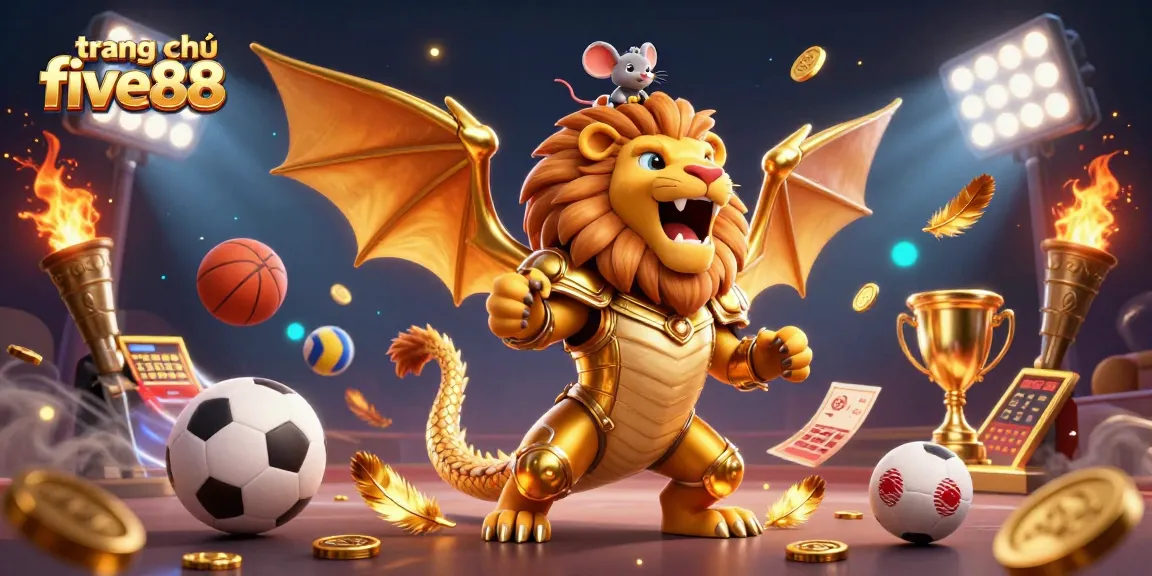 Engage with the dynamic atmosphere of trang chủ five88 featuring a chimera and sports elements in energetic gaming scene.