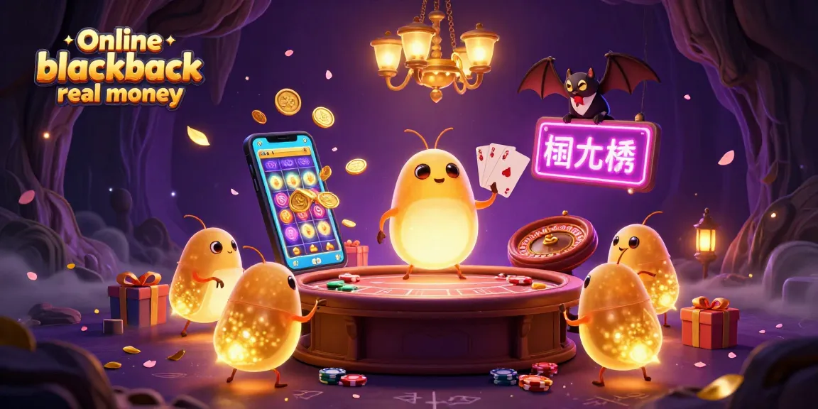 Play online blackjack real money as glowworms illuminate a vibrant cave casino scene.