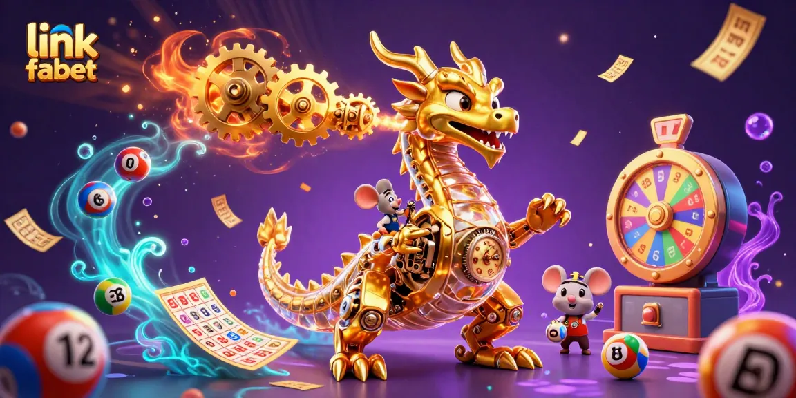 Engage with link fabet's vibrant gaming experience featuring a golden dragon, bouncing lottery balls, and dynamic casino elements.