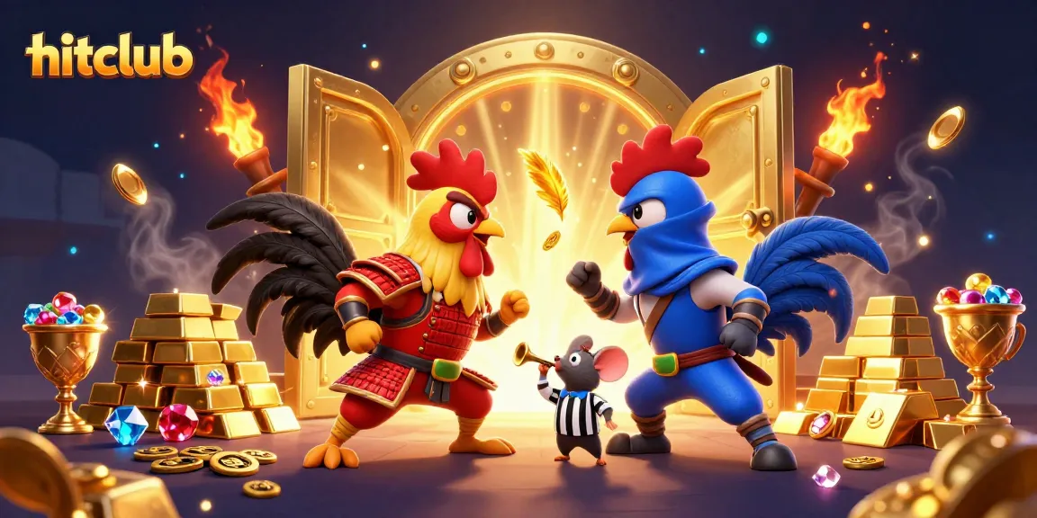 Hitclub showcases an epic gambling duel with cartoon roosters amidst treasures and sparkling gems.