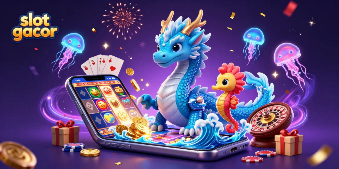 Engage with slot gacor in a vibrant casino scene featuring a water dragon, seahorse knight, and neon jellyfish.