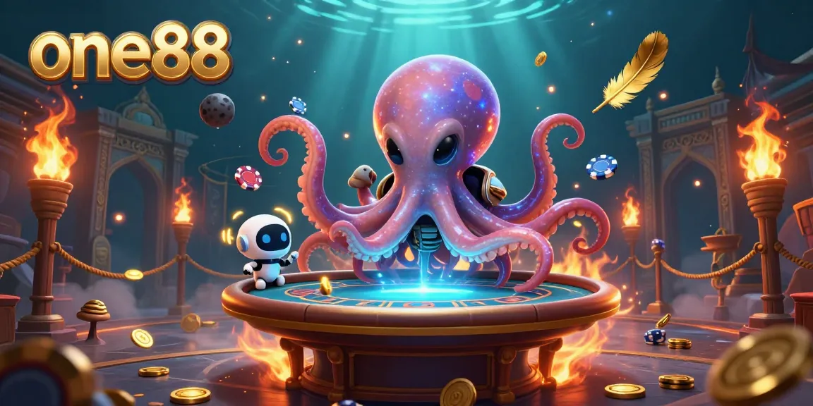 Experience the thrill of one88 with a vibrant 3D illustration featuring an alien octopus at a poker table.